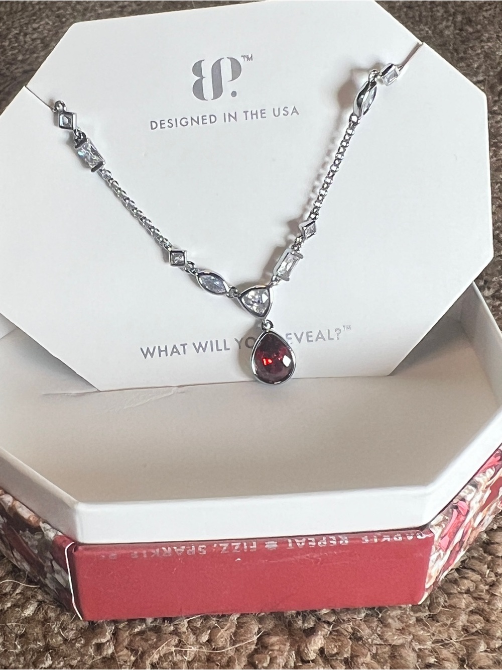 Bomb Party January 2026 Garnet Cz pendant on hematite plated chain